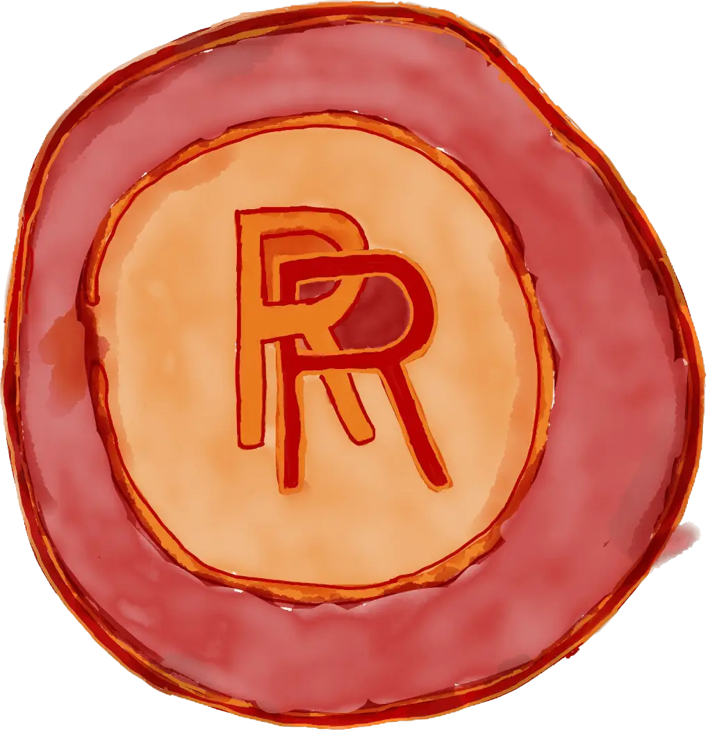 A watercolor illustration of a circular logo with overlapping red letters "P" and "R" in the center, surrounded by a harmonious red and peach border, reminiscent of warmth and comfort that evokes the feeling of home.