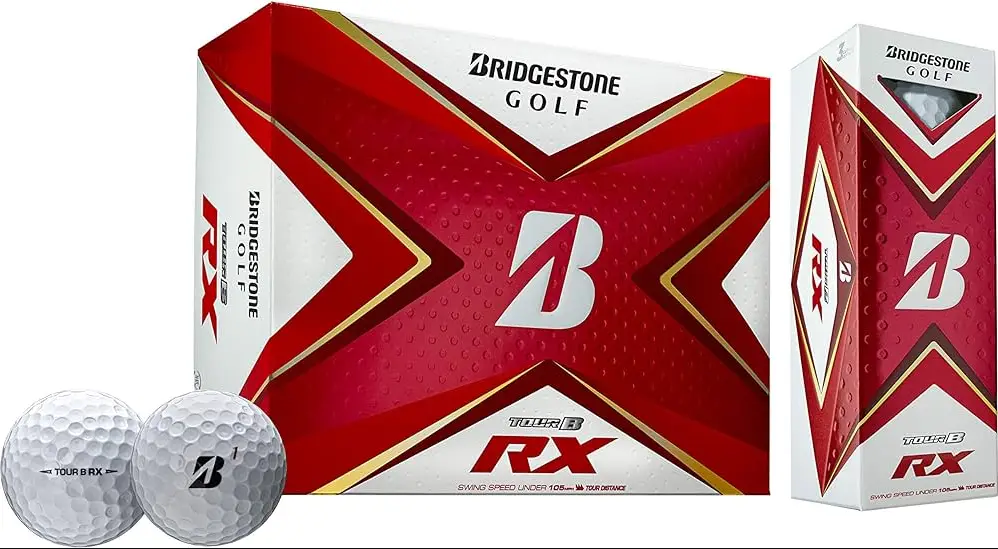 Bridgestone Golf Tour B RX balls with eye catching red and white packaging are perfect for mid handicappers looking to elevate your game Two pristine white golf balls stand proudly in front ready to enhance your performance on the course