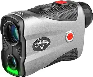 Silver and black rangefinder with a textured grip and a red button on top this must have gear for golfers ensures precision on the course