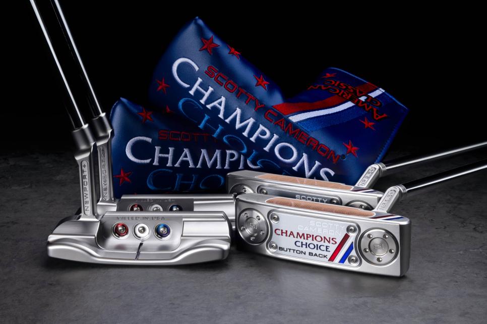 Close-up of three Scotty Cameron Putters with a blue Champion's Choice towel in the background, ready to unleash your potential with top-tier golf equipment.