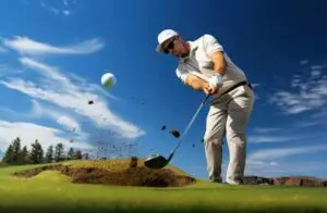 A golfer in a white cap and shirt is hitting a golf ball out of a sandy bunker on one of the best par  golf courses on a sunny day The ball is airborne and sand is flying Clear blue sky and trees are visible in the background