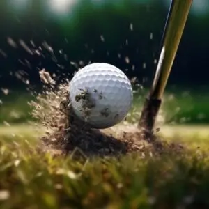 Close up shot of a golf ball being hit by a club with grass and dirt flying around The background is blurred emphasizing the action of the <a href='https://rosellereviews.com/how-to-hit-a-golf-ball-common-mistakes-to-avoid-2/' srcset=