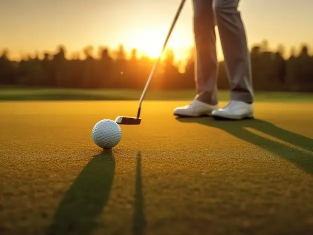 A person stands on a picturesque Par 3 golf course with a putter, preparing to hit a golf ball as the sun sets beautifully in the background.