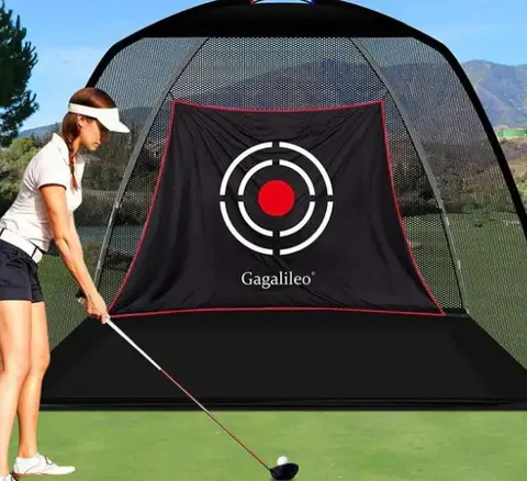 A person is having practice fun while swinging at a golf net with a target symbol, turning golf net games into an enjoyable routine.