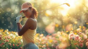 A woman in a yellow tank top and peach baseball cap stands in a sunlit field of flowers, holding one of the best golf drivers over her shoulder. She looks towards the camera with a focused expression, surrounded by colorful, dreamy bokeh effects.