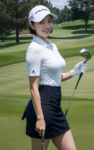 A woman dressed in a white golf shirt, navy skirt, and white cap stands on a golf course holding a golf club. Smiling and posing for the camera, she's one of the most beautiful golfers, with a green fairway and trees visible in the background on a sunny day.