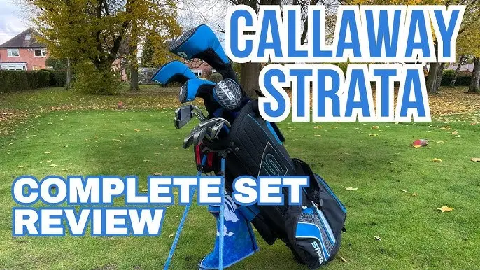 Golf bag with Strata Golf Clubs on a lawn with trees in the background. Text reads, "CALLAWAY STRATA COMPLETE SET REVIEW: Master Your Game.