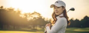 A woman wearing a white cap and long-sleeve shirt stands on a golf course at sunset, holding a golf driver over her shoulder. The background features blurred trees and a golden sky. She gazes calmly towards the camera, exuding confidence and poise—a perfect inspiration for beginners.