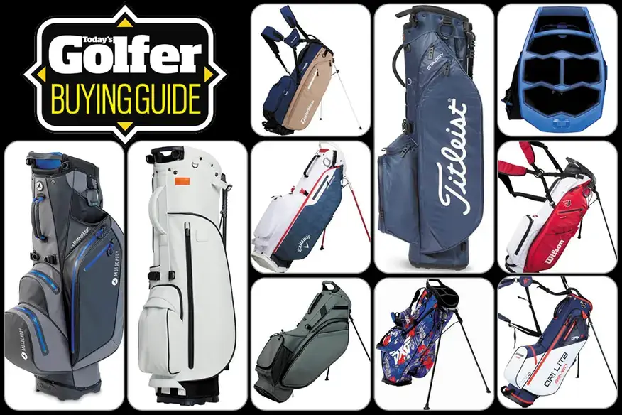 A collage of 2024's best-rated golf bags from various brands showcases a vibrant array of designs and colors. Text reads "Today's Golfer Buying Guide.