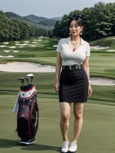 A woman stands on a golf course next to a golf bag She is wearing a <a href='https://rosellereviews.com/mizuno-golf-bag/'></noscript>fitted top</a>, a skirt, and sneakers. The course features sand bunkers and trees in the background.” width=”225″ height=”300″ /></figure>
<h3><span class=