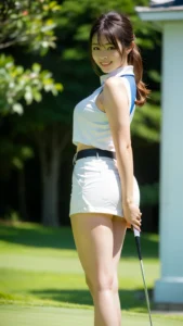 A woman dressed in a sleeveless top and shorts, holding a TaylorMade golf club, stands on a golf course with greenery in the background, ready to elevate her game.