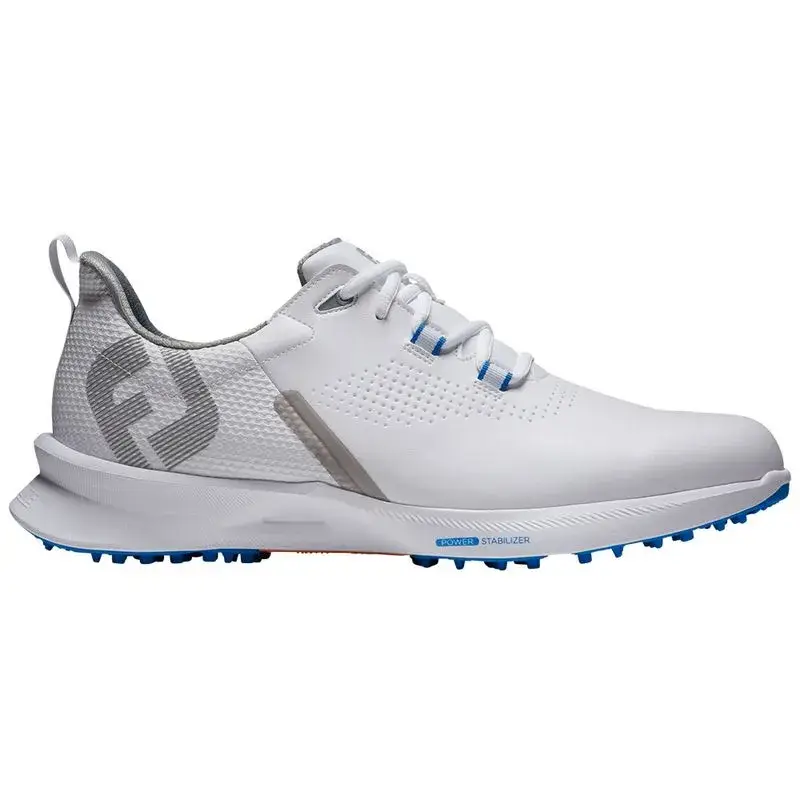 This white athletic shoe perfect for any golfer features a blue tinted sole and a perforated design With the FJ Shoes logo on the side it offers lace up closure and a convenient heel loop for easy wearing