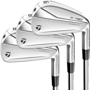 A set of three TaylorMade P.790 tungsten golf irons with sleek silver heads and black grips, each marked with the number "5," designed to elevate your game.