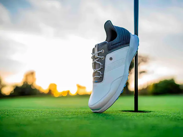 A white and gray athletic shoe resting on a golf course flag pole against a sunset background.