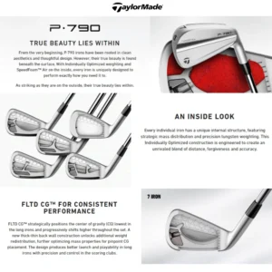 TaylorMade P·790 irons overview: top material, internal cut-out view, and FLTD CG technology for optimized performance and consistency. Elevate your game with a close-up of a 7-ironhead and experience the excellence of P 790 design.