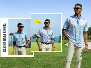 A man wearing sunglasses and a vibrant patterned golf polo stands on a golf course with a yellow flag in the background The text Tennis Polo Shirts is visible on the side making it clear he's sporting one of the best golf brands around.