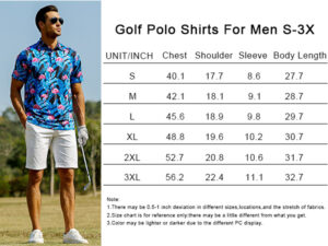 Best Golf Polo Brands Great Shirts for Your Game Roselle Reviews's shirts, ranging from S to 3XL. The chart includes measurements for chest, shoulder, sleeve, and body length.