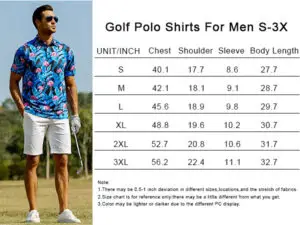 A man in a floral golf polo from one of the best golf polo brands stands next to a size chart for men's shirts, ranging from S to 3XL. The chart includes measurements for chest, shoulder, sleeve, and body length.