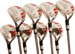 Best Left Handed Golf Sets for Women Roselle Reviews's hybrid golf clubs in silver and red, featuring numbered labels from 3 to 9 and PW.