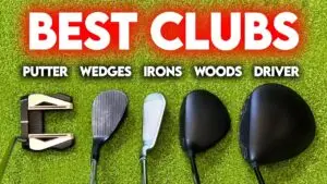 Image displaying different types of golf clubs including a putter wedges irons woods and a driver with the text BEST CLUBS at the top