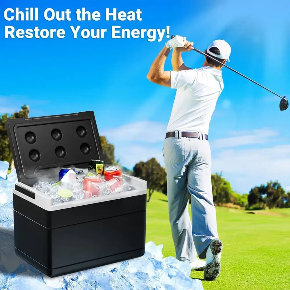 A golfer in white attire swings on the course, sporting a Melin Hat. In the foreground, an open cooler with drinks surrounded by ice. Text reads "Chill Out the Heat, Restore Your Energy This Season!.