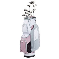 Best Left Handed Golf Sets for Women Roselle Reviews's set of golf clubs in a light pink and gray bag, tailored for left-handed players, standing upright.