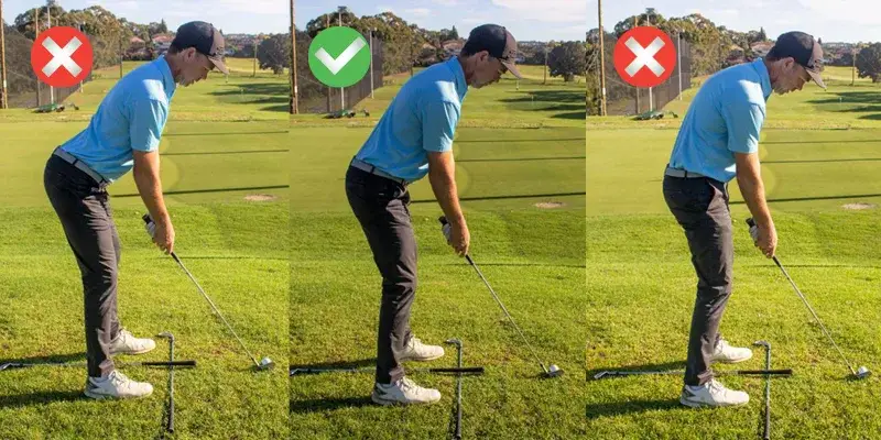 A golfer, sporting a stylish Melin Hat, demonstrates correct and incorrect stances. Both the left and right stances are marked with red Xs for being incorrect, while the center stance earns a green check mark for its perfect form.