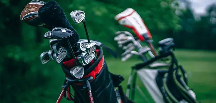 Two golf bags, including a sleek Mizuno BR-D4C, are filled with clubs and positioned outdoors on a lush golf course, surrounded by vibrant greenery.