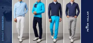 Four male mannequins showcase luxury golf outfits each featuring a stylish combination of tops and pants in shades of blue gray and white The signature style of Peter Millar is evident in the branding details