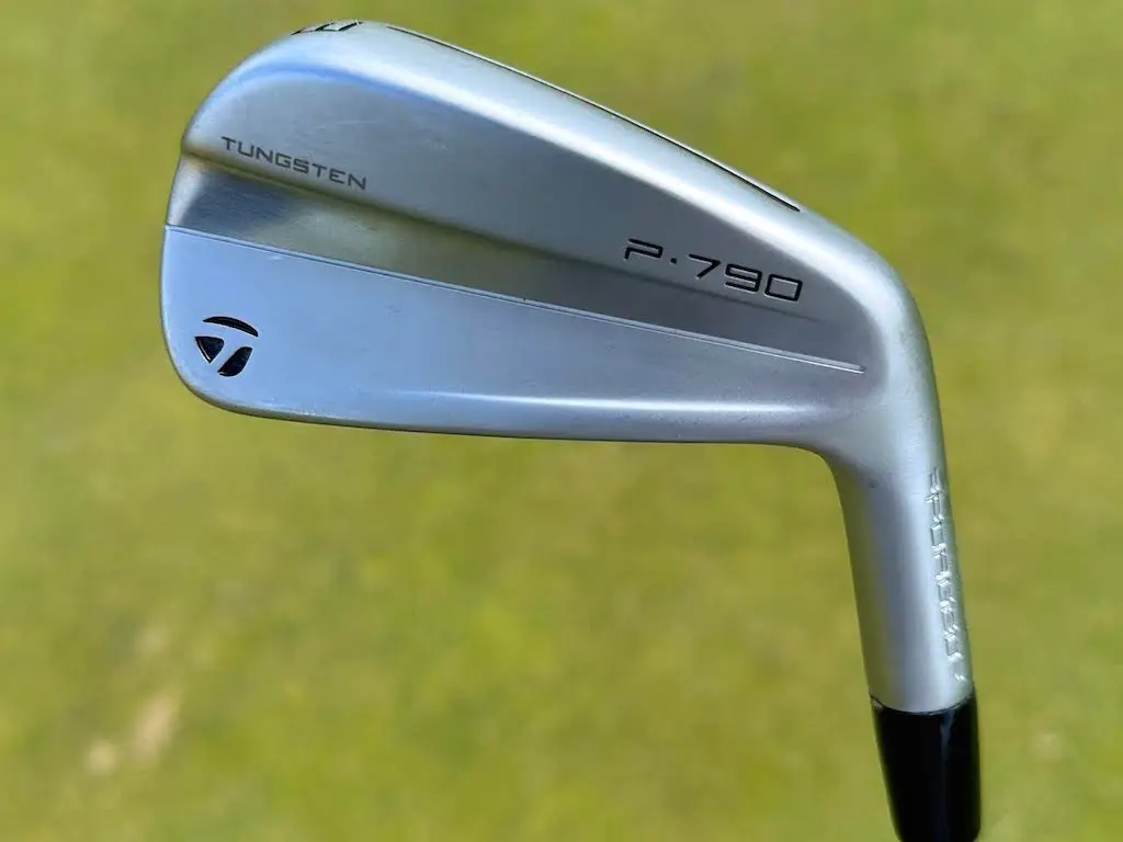 Close up of a silver TaylorMade P golf club iron with Tungsten and brand logo visible on the head held against a blurred grassy background