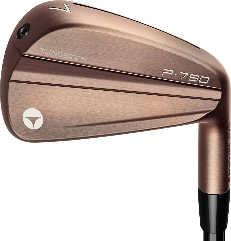 Close up of a bronze metal golf club head showcasing the text Tungsten and P Often hailed as among the best golf irons for  this model stands out in both design and performance