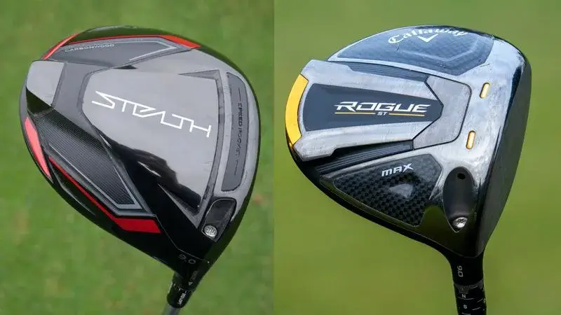 Two golf drivers side by side: one labeled "Stealth" with red and black details, the other labeled "Rogue" with silver, black, and yellow details.