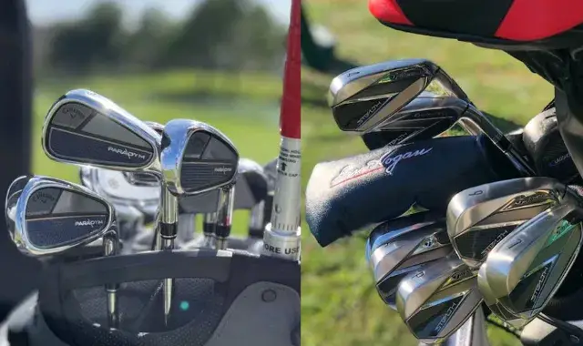 Two sets of golf clubs placed in golf bags outdoors on a sunny day.